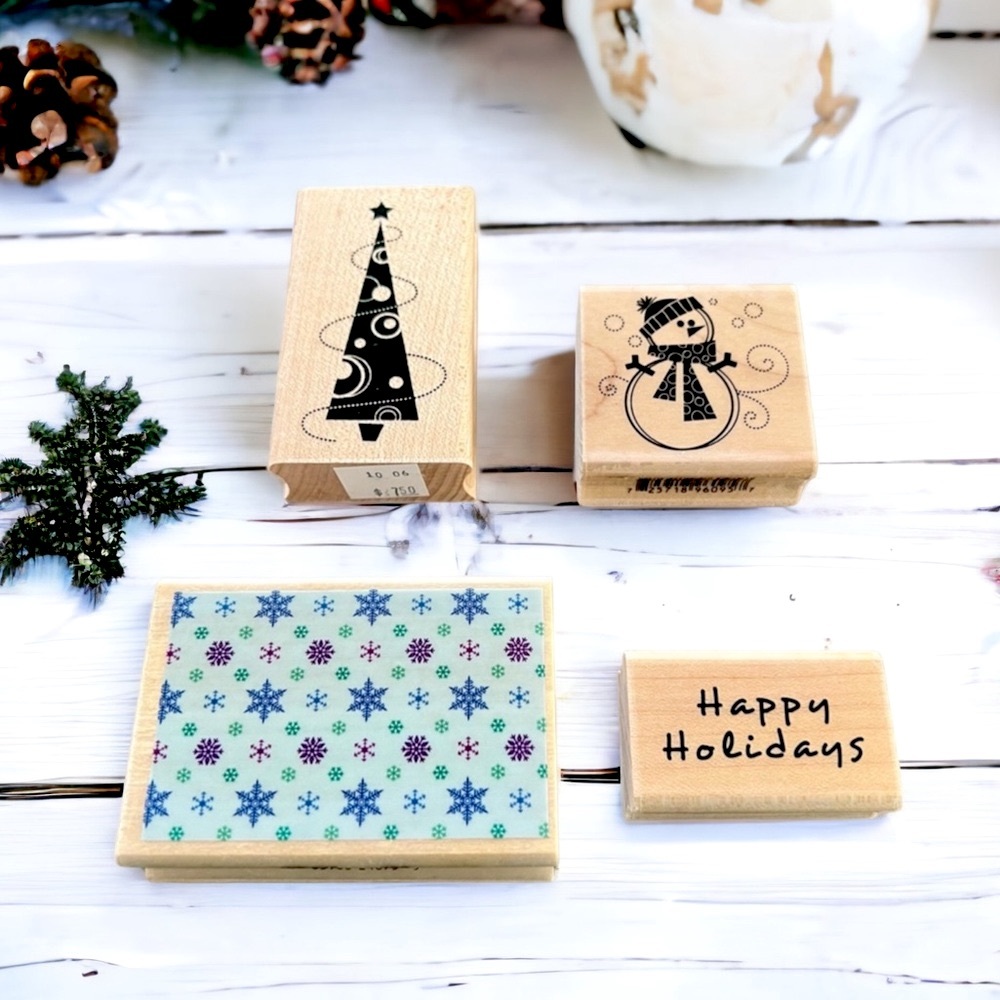 Holiday Winter Rubber Stamps Set 4 pc VTG Christmas Scrapbook Crafts Card Making